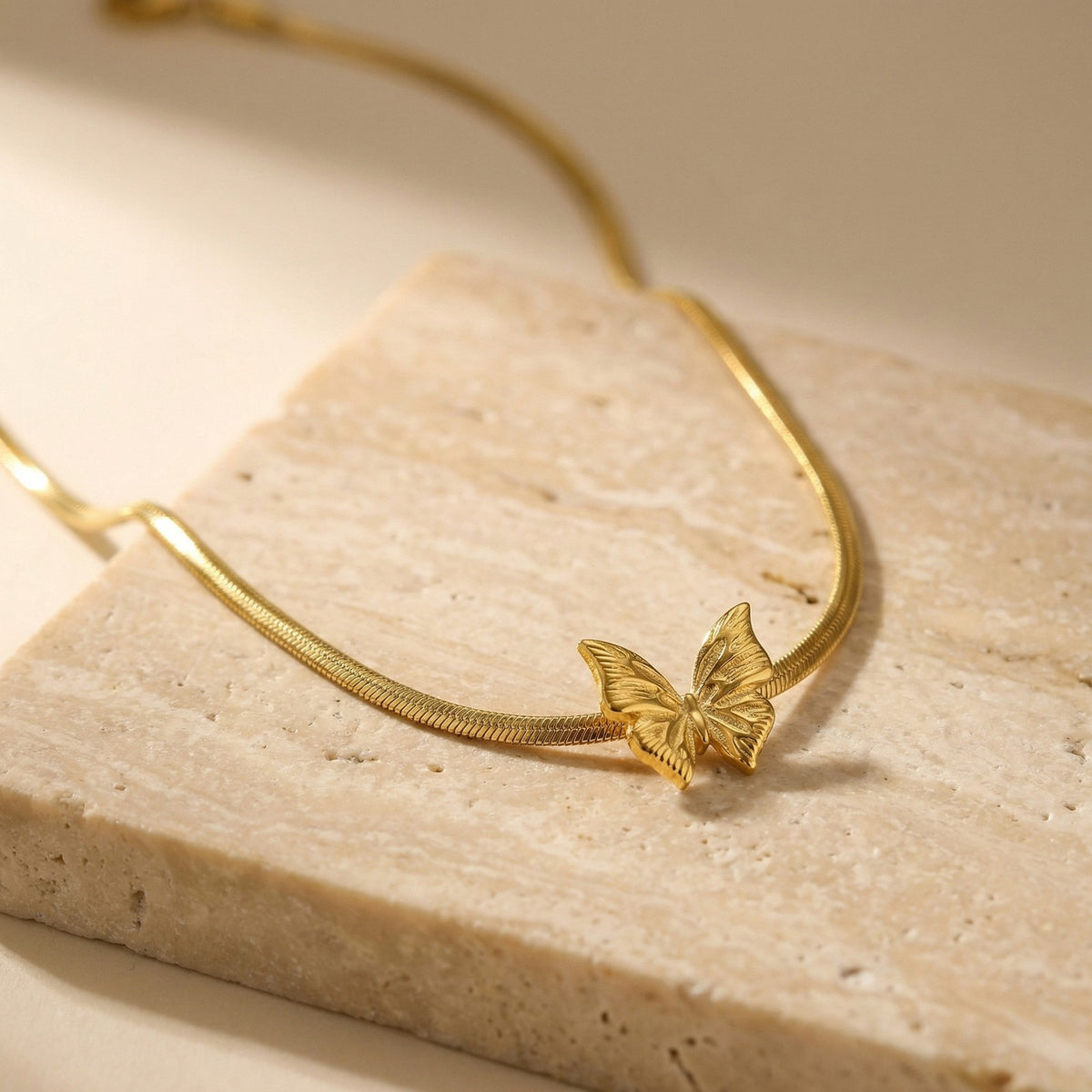 Gold Stainless Steel Butterfly Snake Bone Necklace