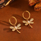 Gold And White Diamond Set Stainless Steel Diamond-encrusted Dragonfly Necklace And Earring Set