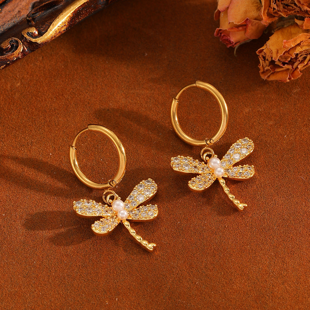 Gold And White Diamond Set Stainless Steel Diamond-encrusted Dragonfly Necklace And Earring Set