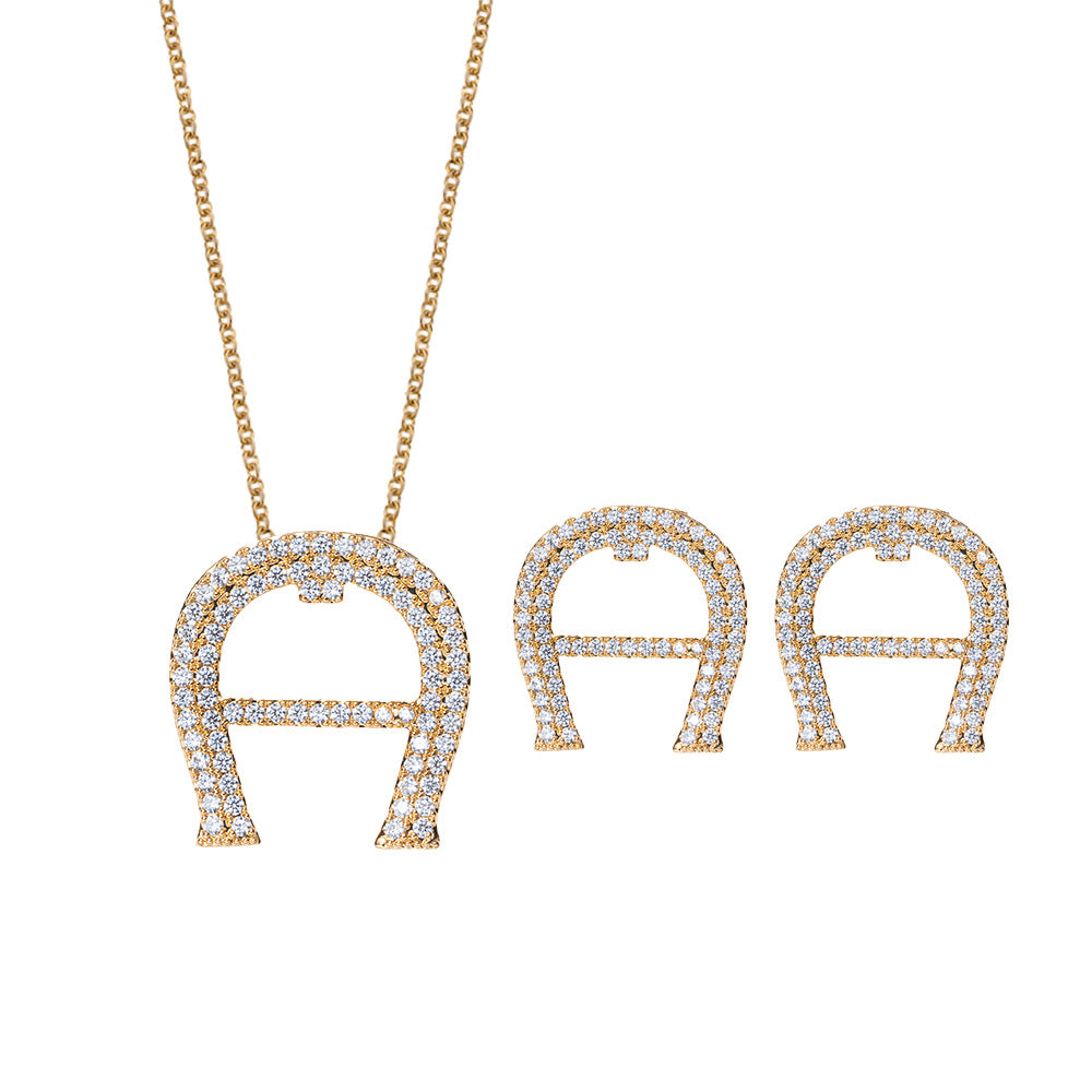 Silver Suit Titanium Steel Diamond-encrusted Four-leaf Clover Necklace And Earring Set