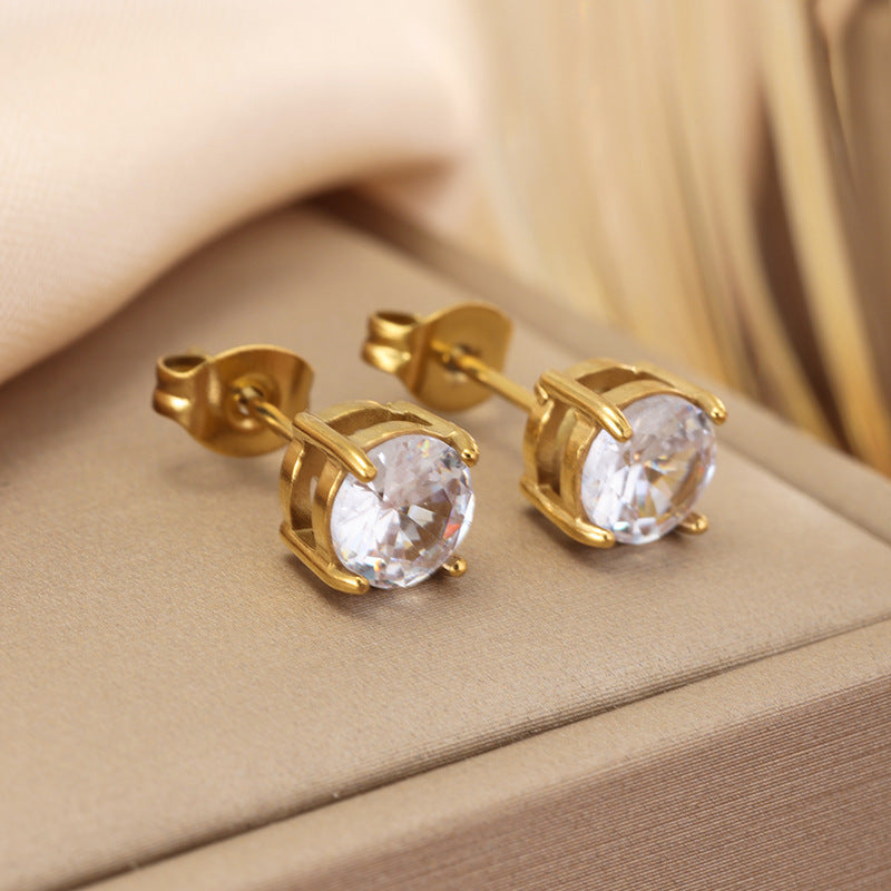 Round Zircon Stud Earrings - Gold - White Zircon 18k Gold Plated Titanium Steel Zircon Necklace Set