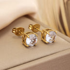 Round Zircon Stud Earrings - Gold - White Zircon 18k Gold Plated Titanium Steel Zircon Necklace Set