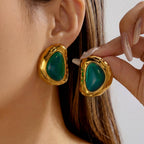 Green Resin Inlay Vintage Texture Statement Gold Geometric Stainless Steel Earrings