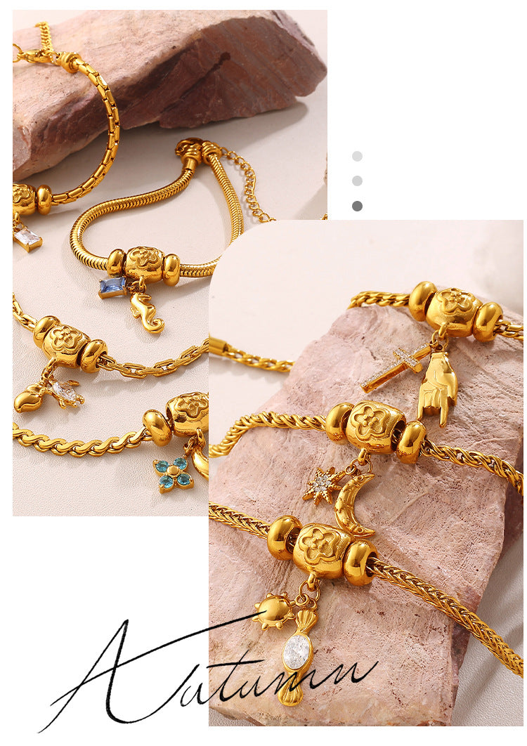 Stars And Moon Stainless Steel Diamond-encrusted Star And Moon Bracelet