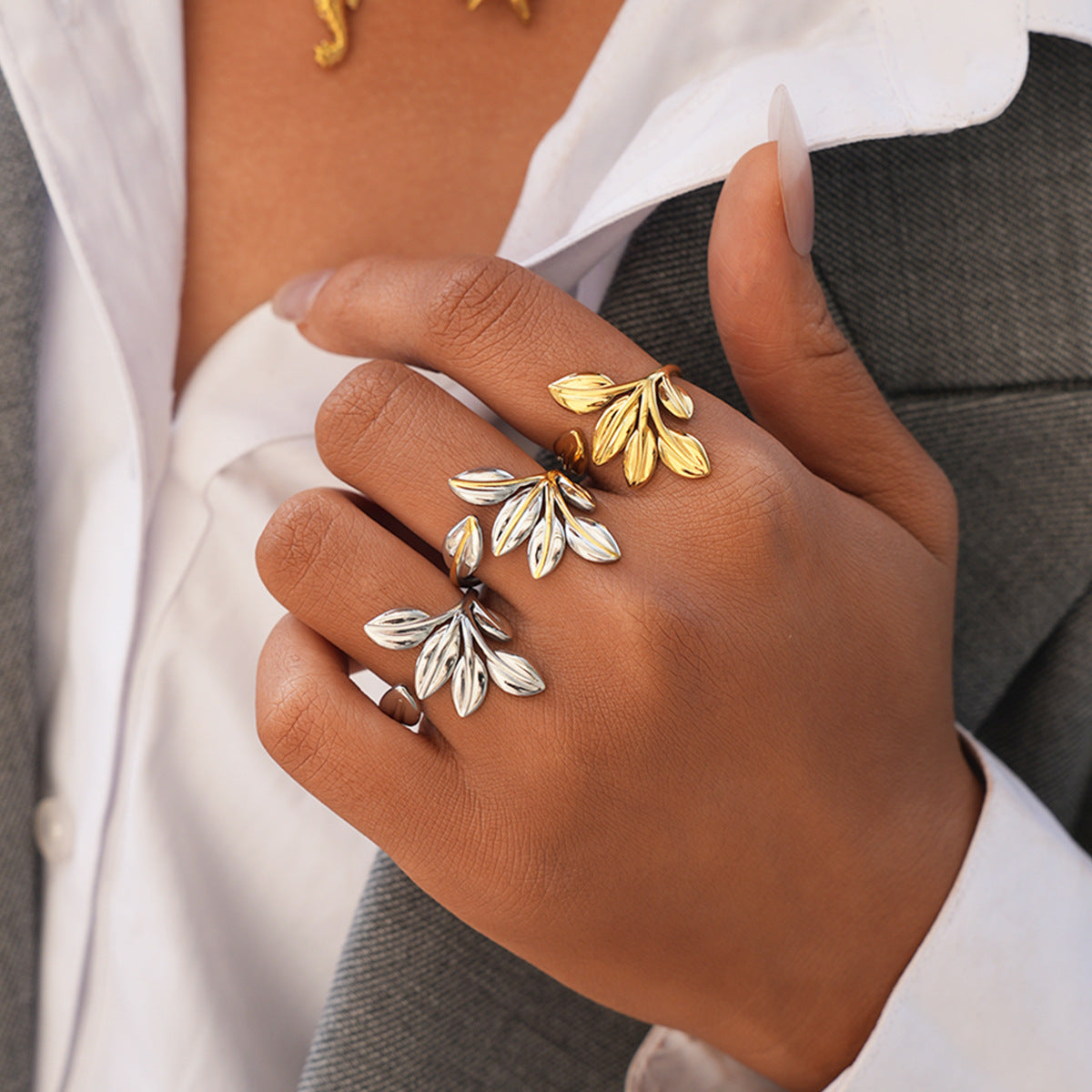 Silver 304 Stainless Steel Leaf Ring