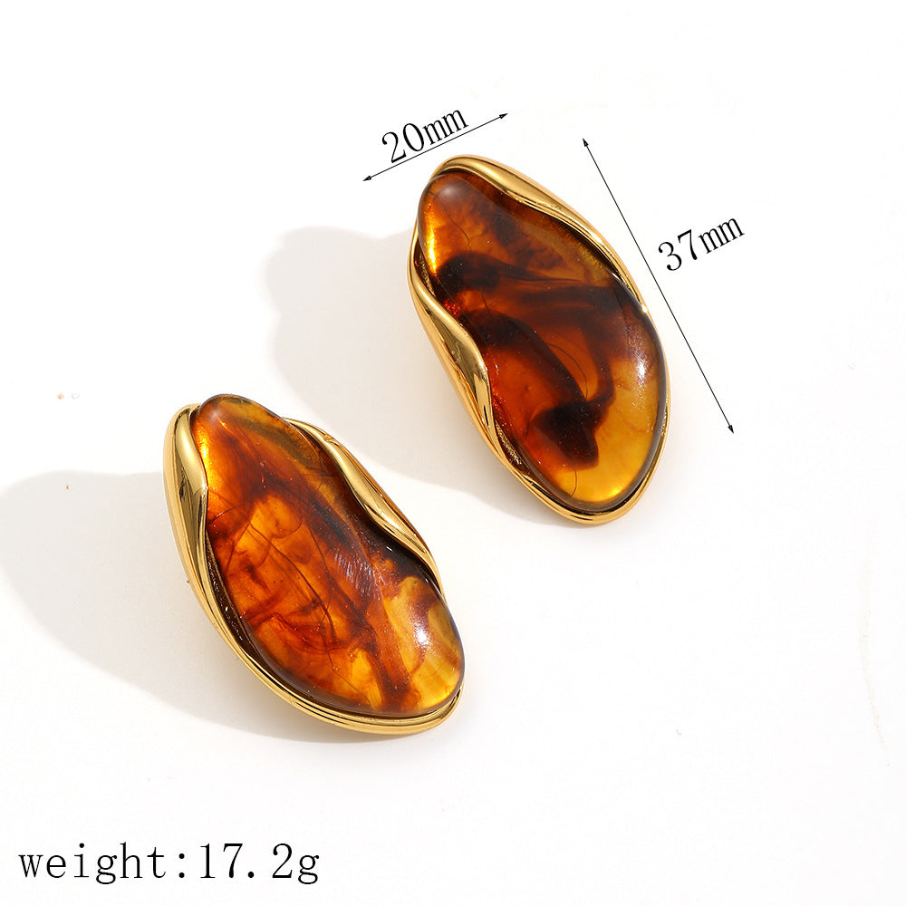 Brown Stainless Steel Irregular Resin Earrings