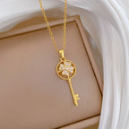 Gold Titanium Steel Diamond-encrusted Key Necklace