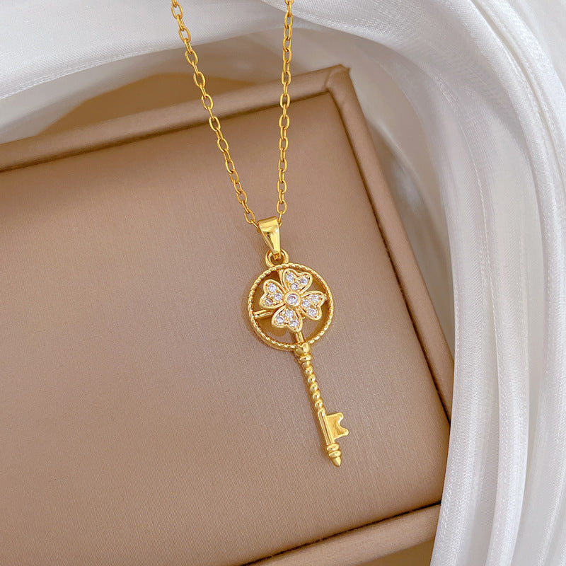 Gold Titanium Steel Diamond-encrusted Key Necklace