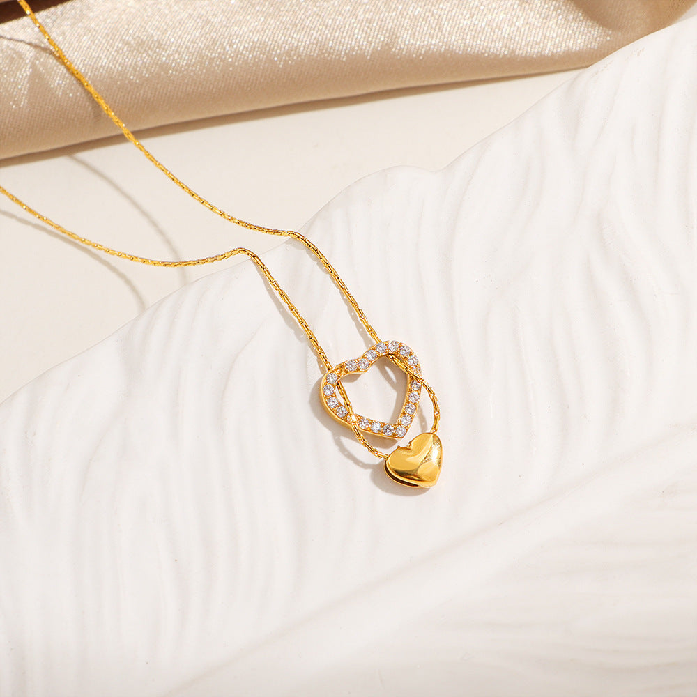 Gold Stainless Steel Full Diamond Heart-shaped Delicate Clavicle Chain Vintage Heart Necklace