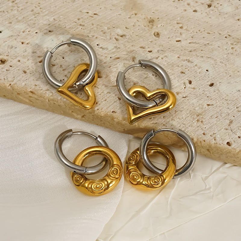 Gradual Gold Stainless Steel Detachable Heart Round Earrings