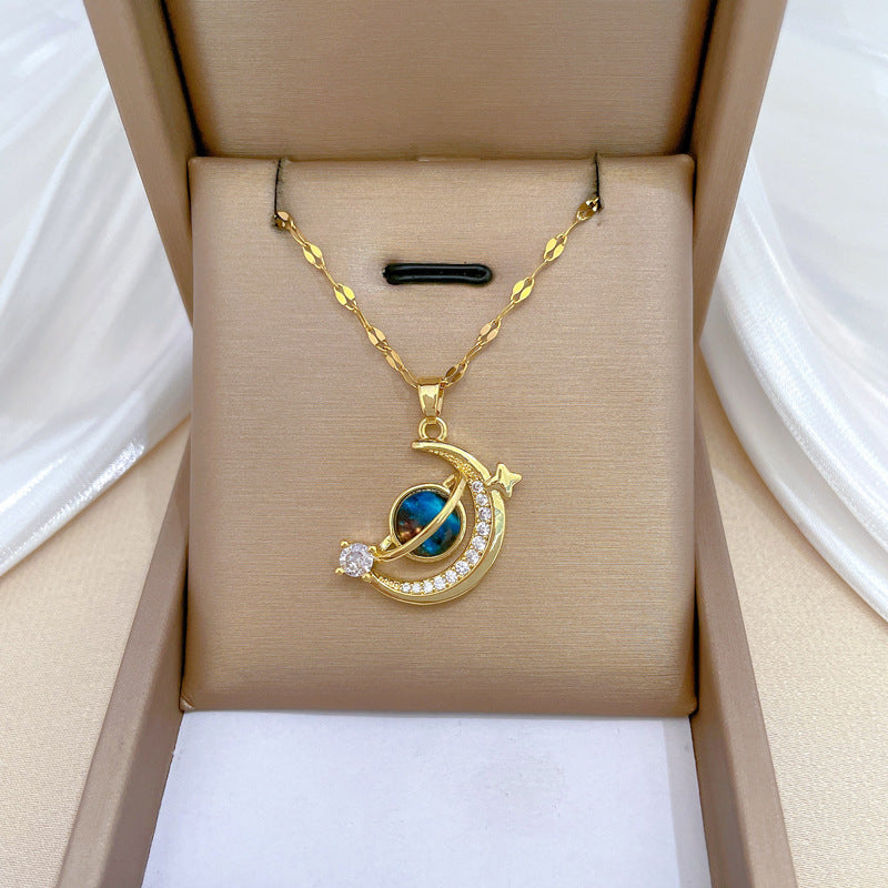 Gold 74 Titanium Steel Diamond Pearl Geometric Necklace