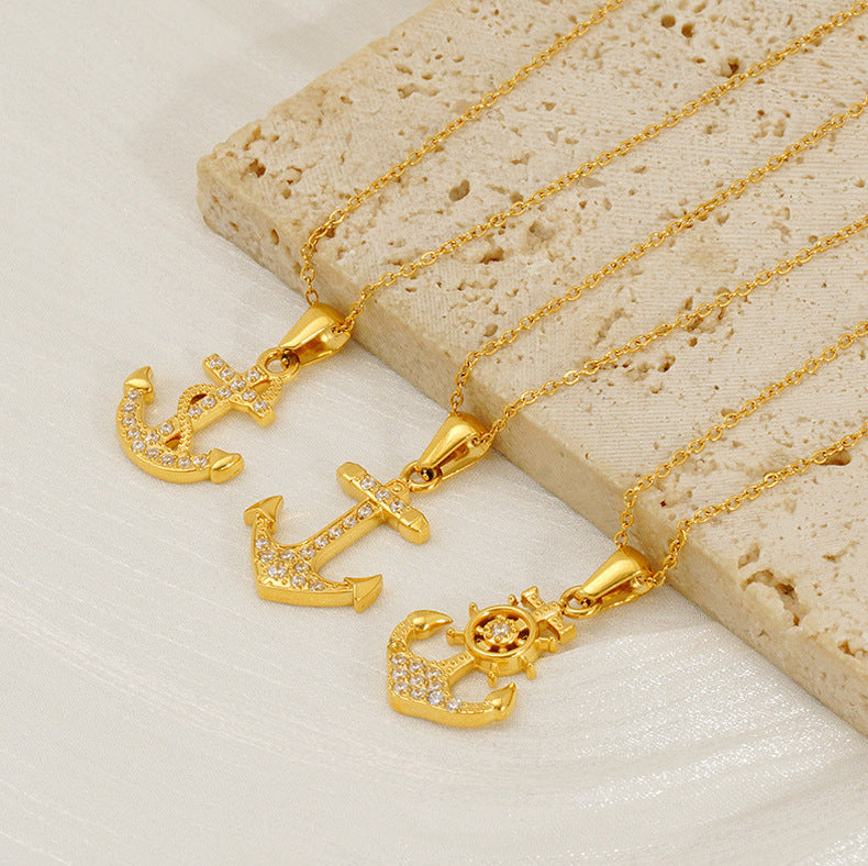 Anchor 3 Stainless Steel Diamond Anchor Necklace