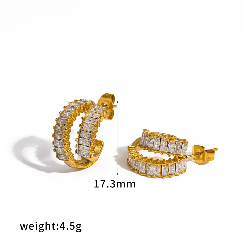 Gold 18k Gold Titanium Steel Prong Setting Pave Zircon C Shape Earrings