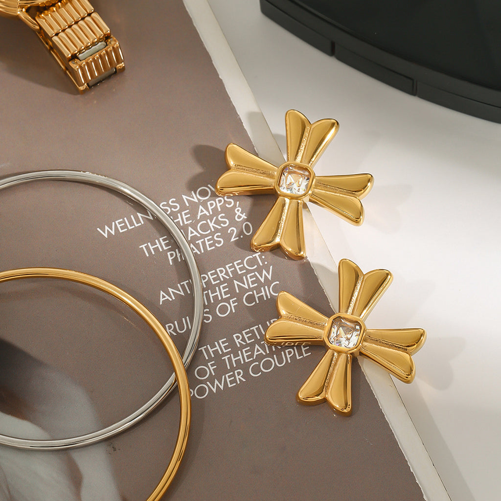 Gold Stainless Steel Diamond Cross Earrings