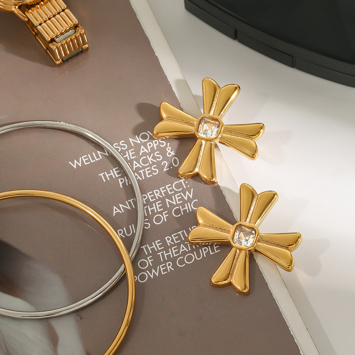 Gold Stainless Steel Diamond Cross Earrings