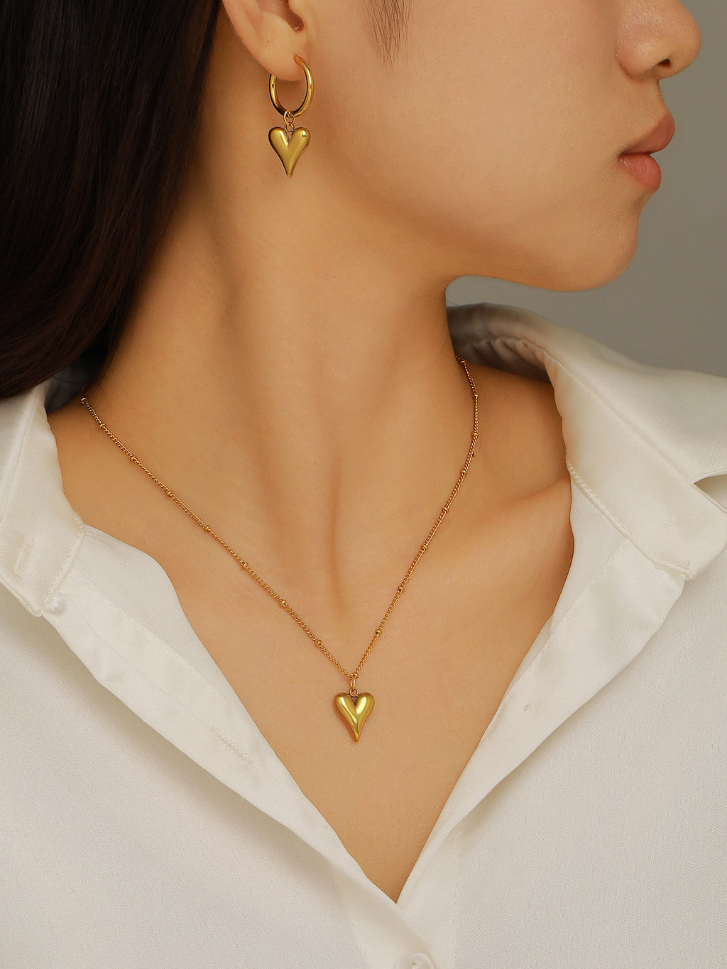 Gold Heart-shaped Earrings And Necklace Set Stainless Steel Heart Necklace Earring Set