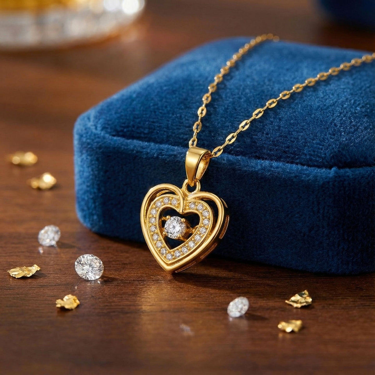 Gold Stainless Steel Diamond-encrusted Heart Necklace