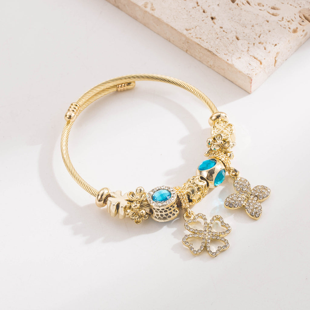 White Gold Stainless Steel Pan Family Style Beaded Four-leaf Clover Alloy Pendant Bracelet