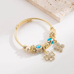White Gold Stainless Steel Pan Family Style Beaded Four-leaf Clover Alloy Pendant Bracelet