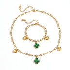 Green Four-leaf Clover Heart Bracelet Stainless Steel Exquisite Clover Heart Link Bracelet