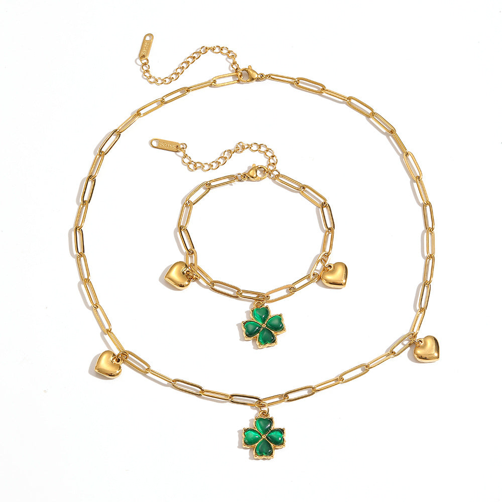 Green Four-leaf Clover Heart Bracelet Stainless Steel Exquisite Clover Heart Link Bracelet