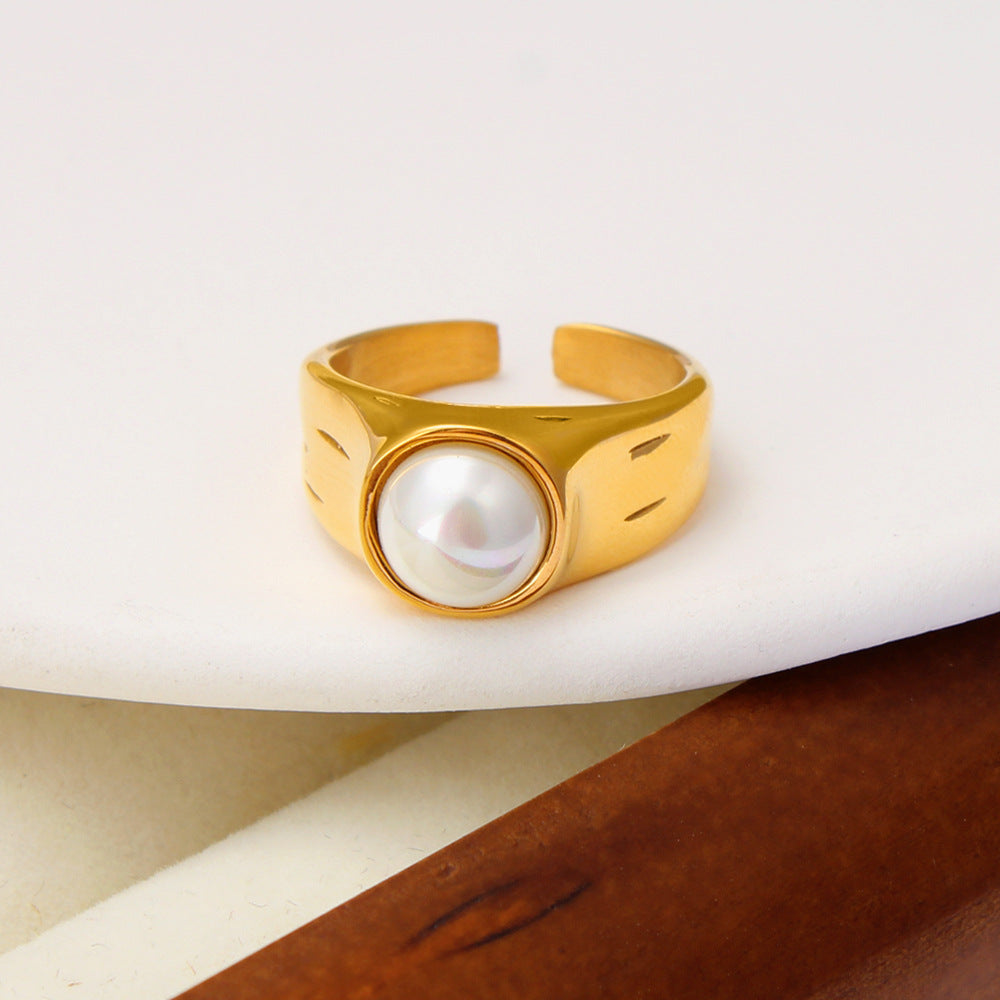Fashion Gold Stainless Steel Pearl Open Ring