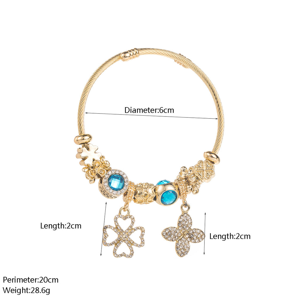 White Gold Stainless Steel Pan Family Style Beaded Four-leaf Clover Alloy Pendant Bracelet