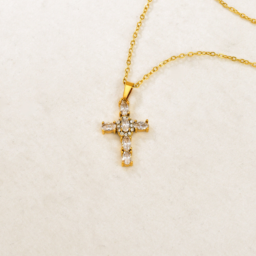 Gold Stainless Steel Diamond-encrusted Cross Necklace