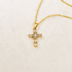 Gold Stainless Steel Diamond-encrusted Cross Necklace