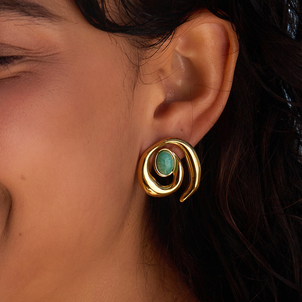 Gold 1 18k Gold Amazonite Titanium Steel Stud Earrings Vacation Style
