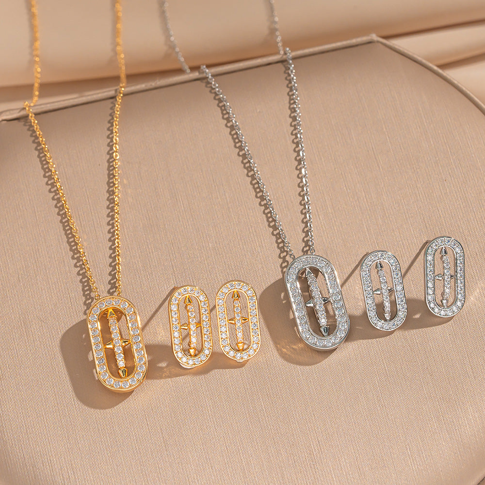 Gold Set Titanium Steel Diamond-encrusted Four-leaf Clover Necklace And Earring Set