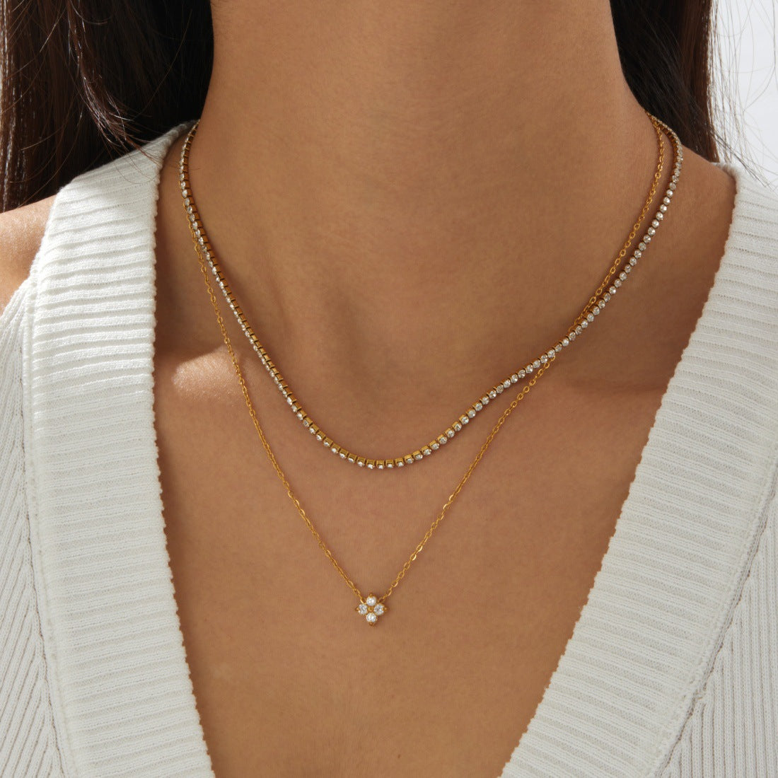 Gold Diamond-set Double-layer Stainless Steel Gold-plated Necklace