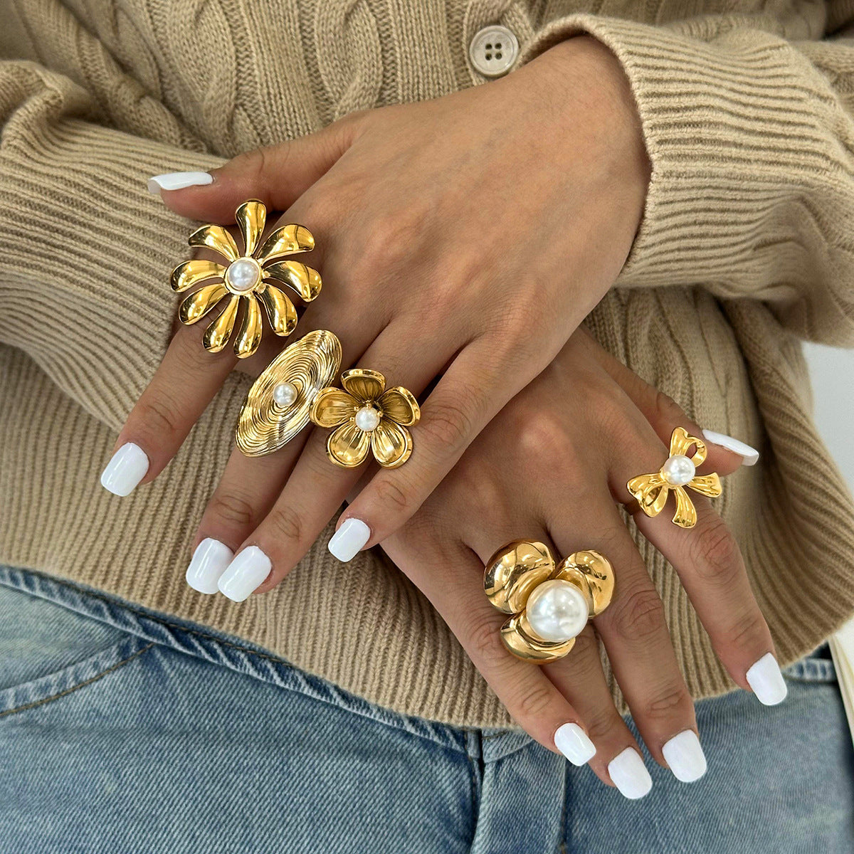Gold 2 Stainless Steel Flower Pearl Ring