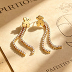 Gold Bear Rhinestone Tassel Drop Earrings
