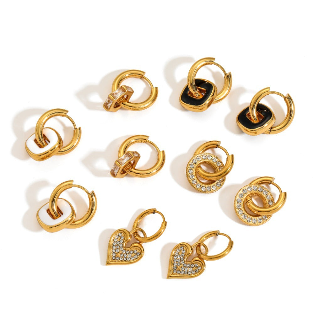 Earring #2 Stainless Steel Diamond-encrusted Round Hoop Earrings