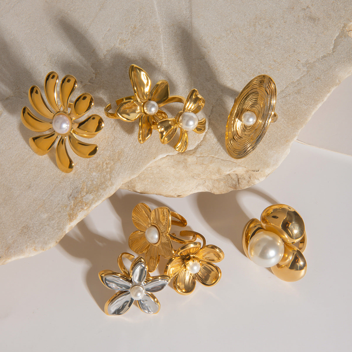 Gold 6 Stainless Steel Flower Pearl Ring