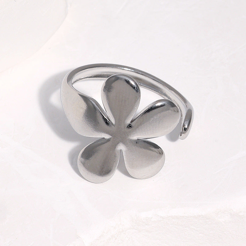 Steel Color Stainless Steel Ring Tarnish Free Flower Gold Plated Sweet Adjustable