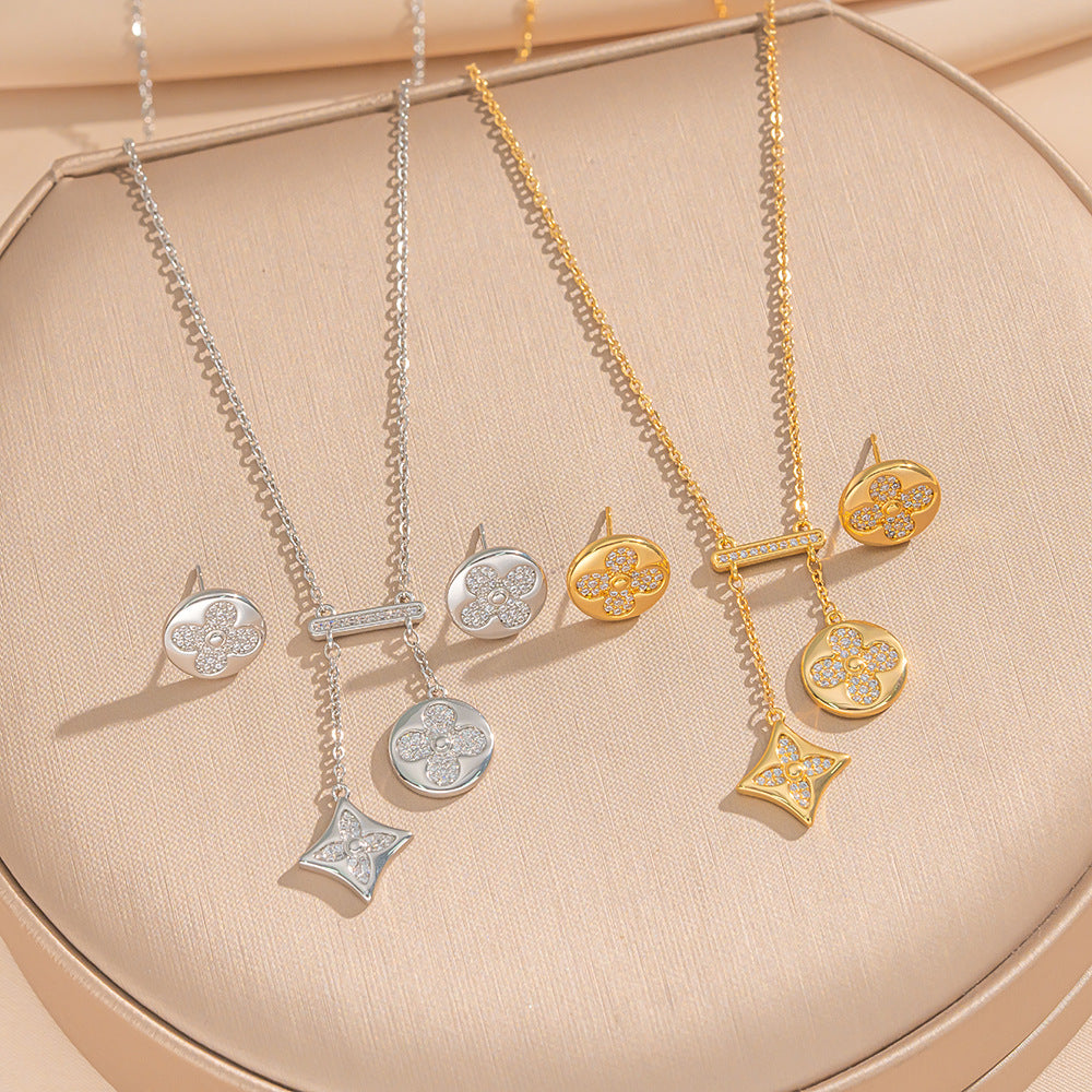 Gold Set Titanium Steel Diamond-encrusted Four-leaf Clover Necklace And Earring Set
