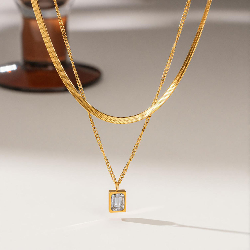 White Diamond Necklace Gold Titanium Steel Square Necklace