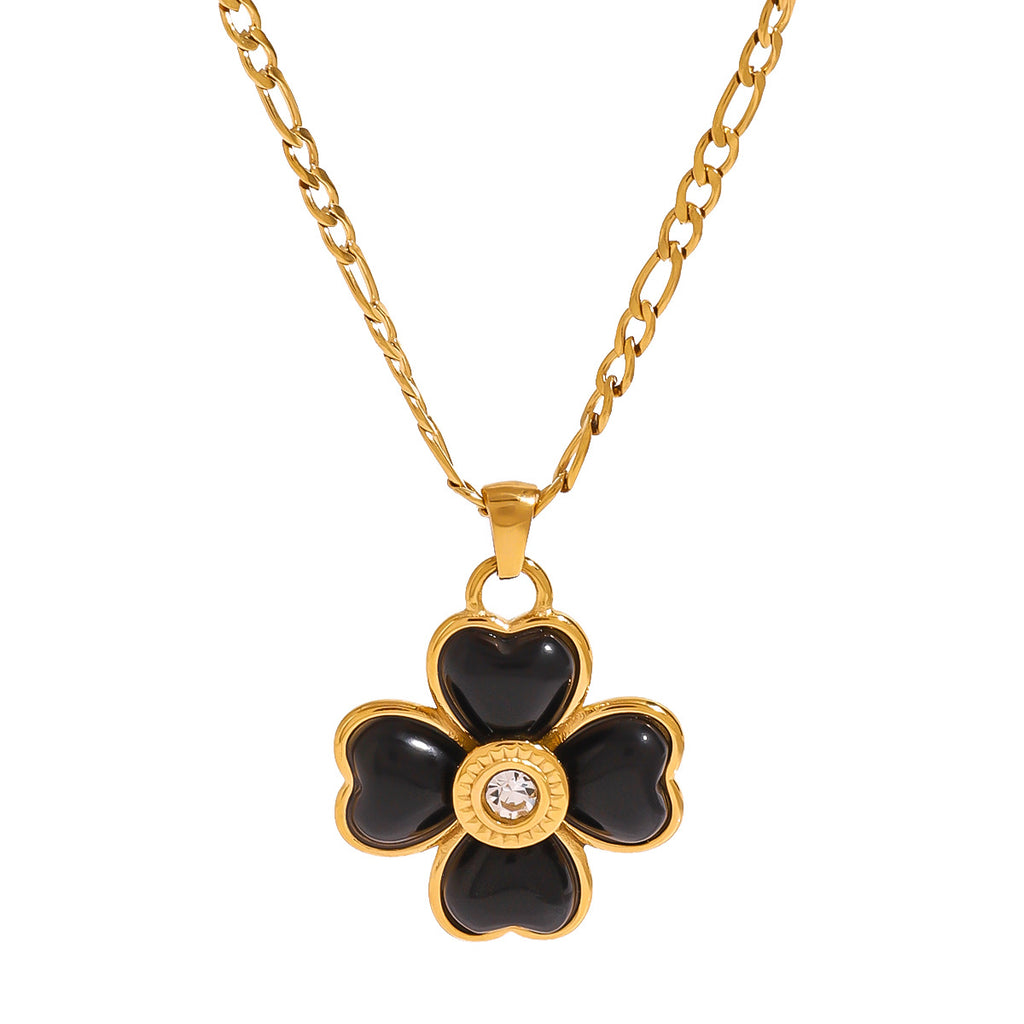 Gold Stainless Steel Four Leaf Clover Agate Necklace