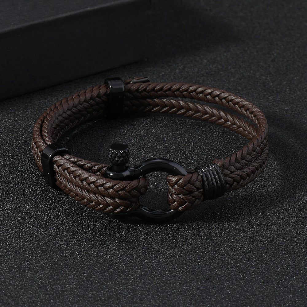 Black Leather Braided Horseshoe Buckle Men's Bracelet