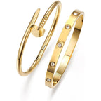 Gold Titanium Steel Diamond-encrusted Heart-shaped Nail Bracelet Set