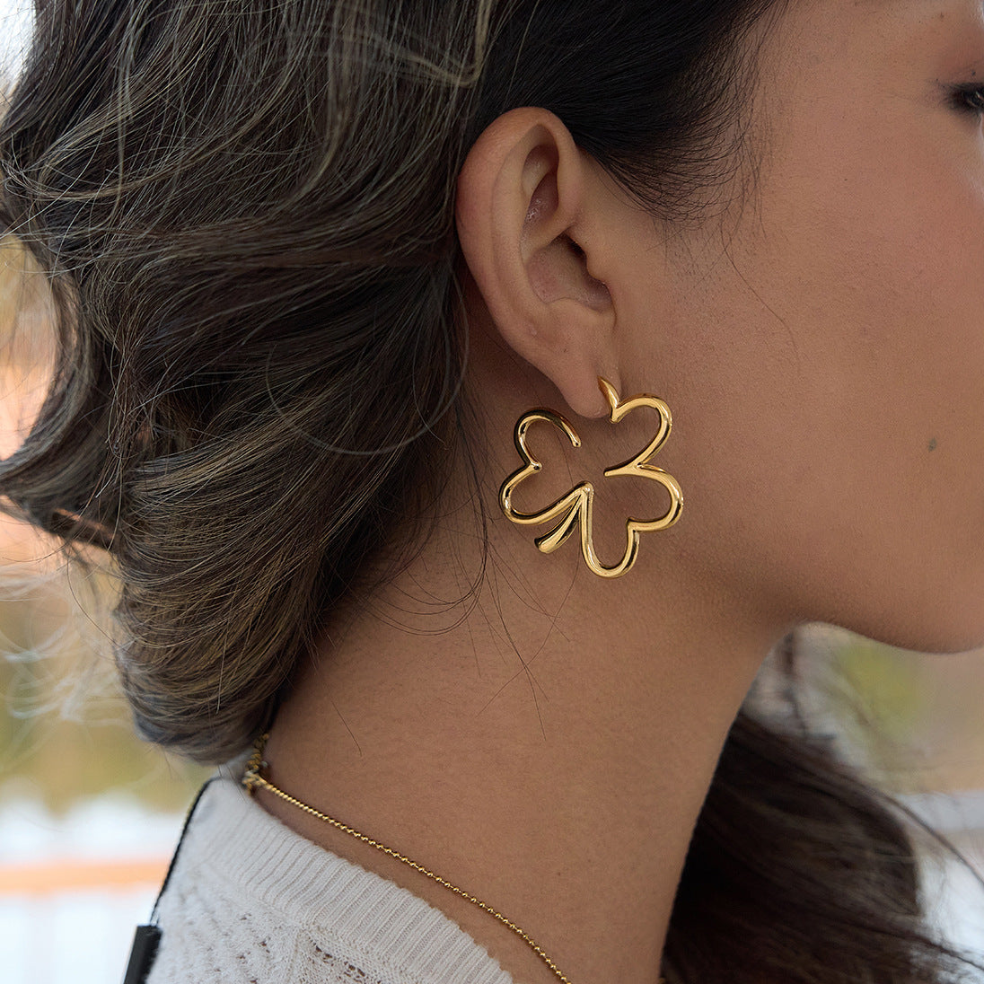 Gold Stainless Steel Openwork Four-leaf Clover Earrings