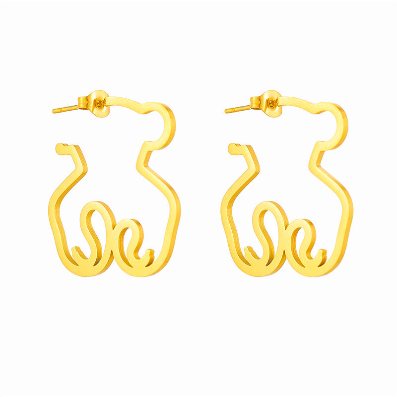 Fashion Gold Suit Stainless Steel Hollow Bear Necklace Earring Set