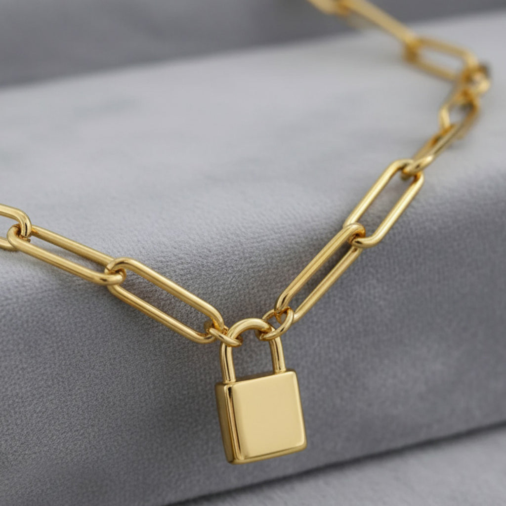 Small Lock Paper Clip Necklace Gold Stainless Steel Lock Necklace
