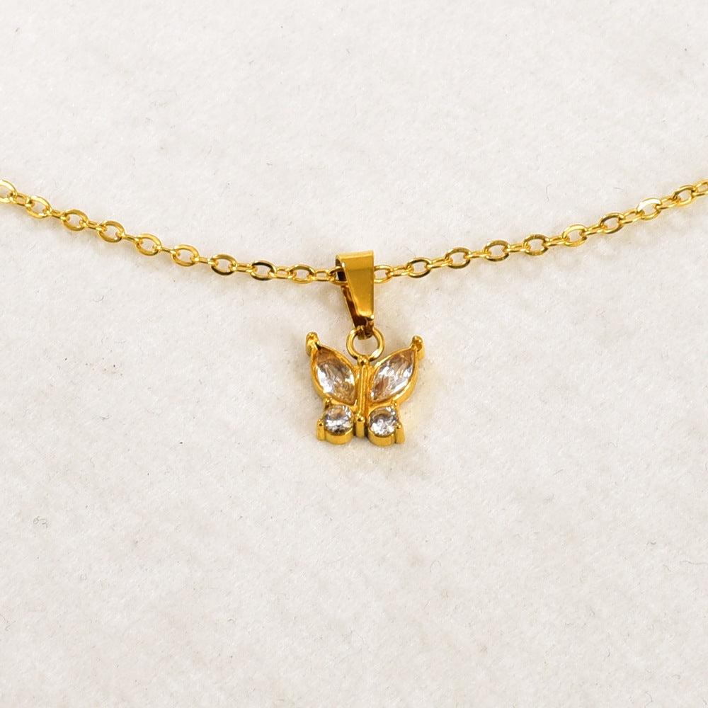 Gold Stainless Steel Diamond-encrusted Butterfly Necklace