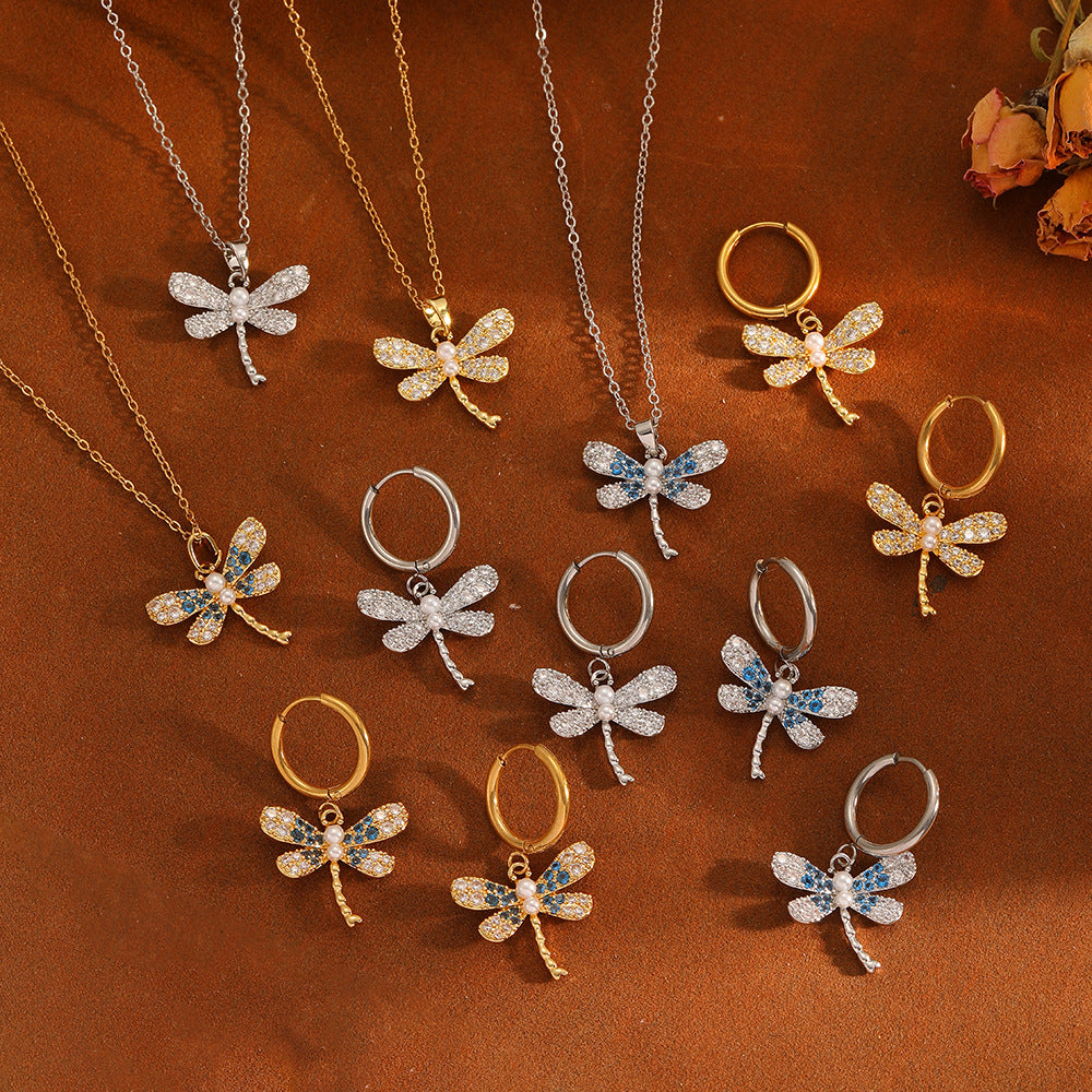 Gold And White Diamond Earrings Stainless Steel Diamond-encrusted Dragonfly Earrings