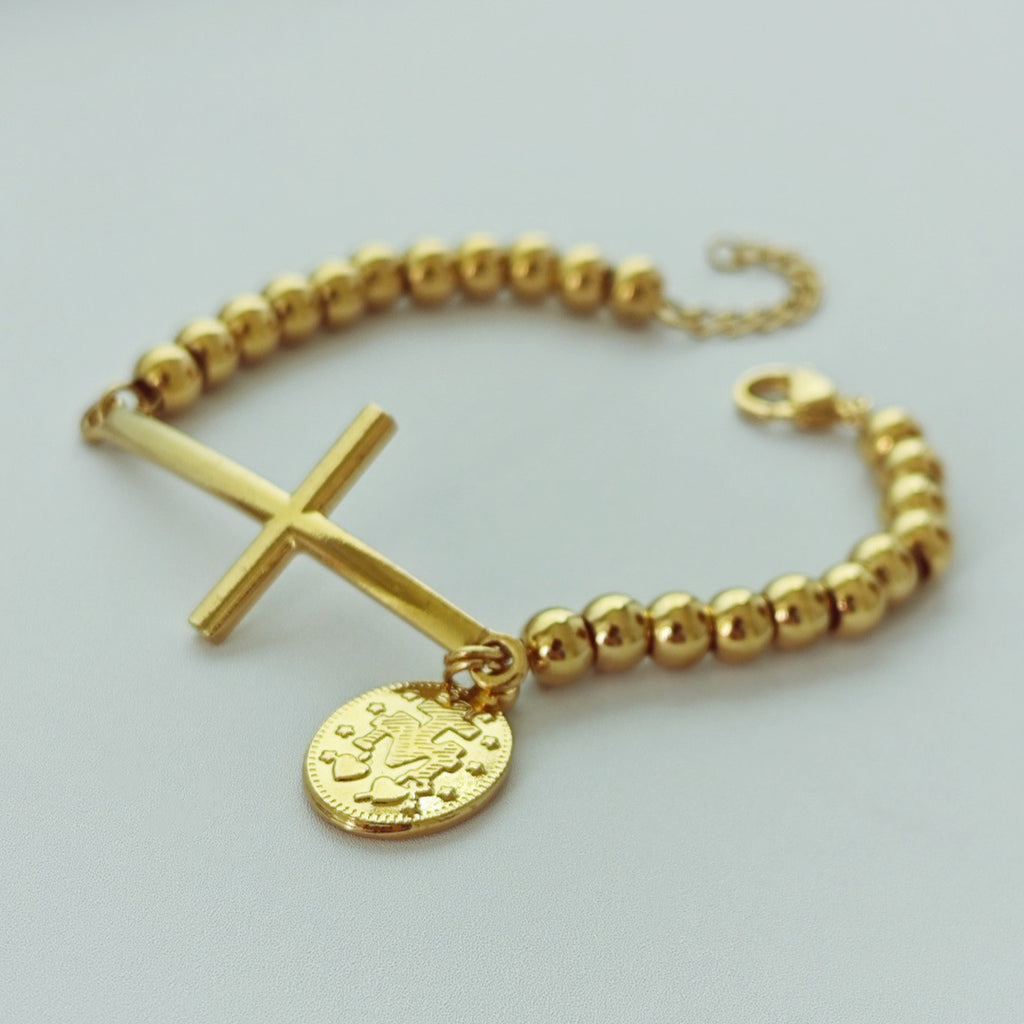 Steel Stainless Steel Beaded Cross Portrait Bracelet