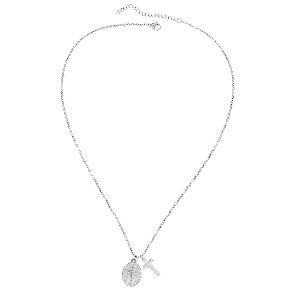 Silver Stainless Steel Cross Virgin Mary Necklace