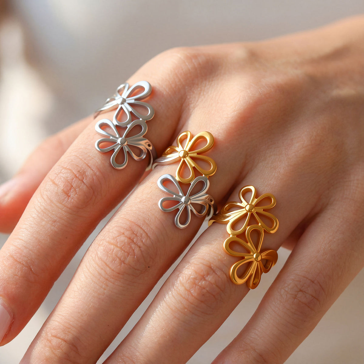 Steel Color Stainless Steel Openwork Flower Ring